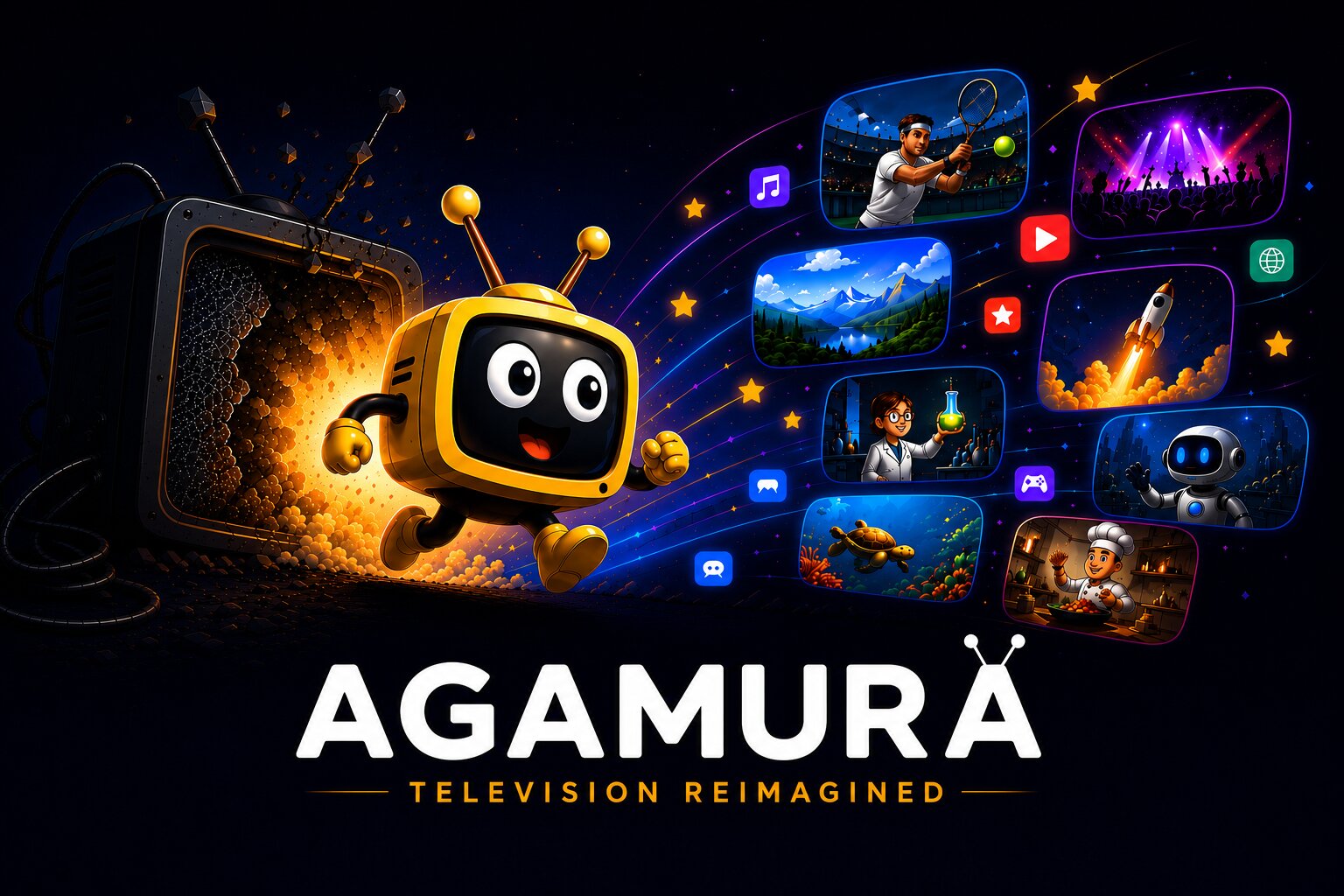 A cheerful yellow television mascot escaping from an old TV into a colorful universe of channels.